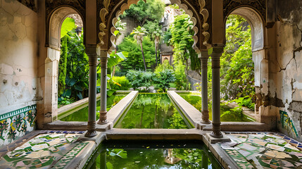Tranquil green water pools and ornate arches in a crumbling Spanish courtyard evoke a sense of serenity and history. 
