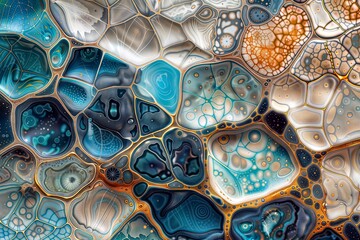 Ethereal Microcosm. Intricate abstract image featuring interconnected cell-like shapes in vibrant blues, oranges, and whites with delicate patterns and textures.