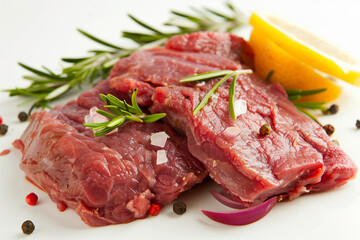 Fototapeta premium Fresh Raw Beef with Herbs and Seasonings on White Background