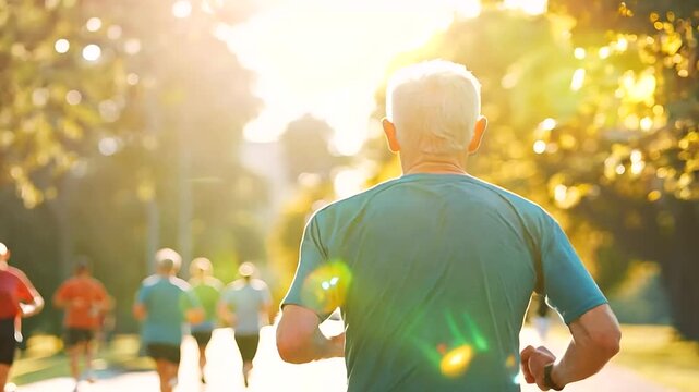 Rearview of Senior Old Man with Gray Hair Wearing Blue T-Shirt Running Marathon Race Event - Elderly Male Competing in Endurance Running Outdoors on Sunny Day