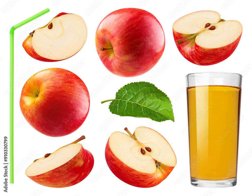 Sticker collection of red apples, apple slices and juice in glass cup isolated on transparent background.