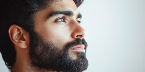 Obraz premium A close-up shot of a man's face with a beard, suitable for use in portraits, illustrations, or as a design element