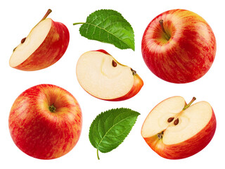 Apples isolated set. Collection of red apples, apple slices and halves on transparent background.