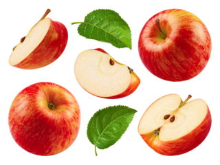 Apples isolated set. Collection of red apples, apple slices and halves on transparent background.