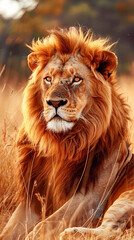 Naklejka premium Majestic lion resting in the golden savanna