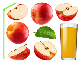 Collection of red apples, apple slices and juice in glass cup isolated on transparent background.