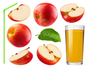 Collection of red apples, apple slices and juice in glass cup isolated on transparent background.
