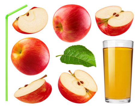 Collection of red apples, apple slices and juice in glass cup isolated on transparent background.
