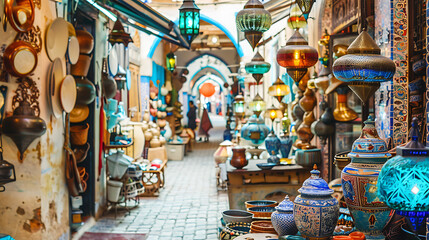 Fototapeta premium Vibrant blue, orange, and gold Moroccan lanterns and pottery create a captivating atmosphere in a bustling souk. 