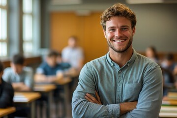 Fototapeta premium Confident Male Teacher Leading a Classroom with a Smile