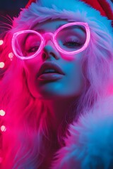 Obraz premium Trendy young woman Santa Claus, Christmas, New Year's Eve, neon, club, punk