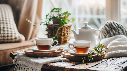 Cozy tea time with white, brown, and green tones, perfect for a relaxing autumn day. 
