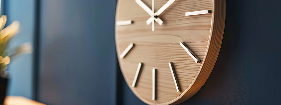 Modern wooden clock, blue, brown, silver, minimalist design, time management, productivity, home decor. 
