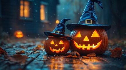 Fototapeta premium Jack o lanterns displayed on a wooden table with the smallest one wearing a witch hat set against a spooky twilight background symbolizing creative Halloween decorations