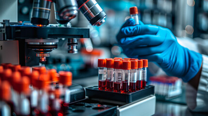 Microscope with test tubes with blood samples