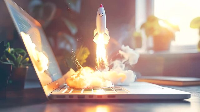 Rocket blasting off from a laptop screen on an organized office table, representing the powerful boost and progress of a business startup's new idea