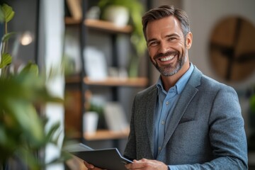 Fototapeta premium Confident Male Real Estate Agent Presenting Property with a Smile