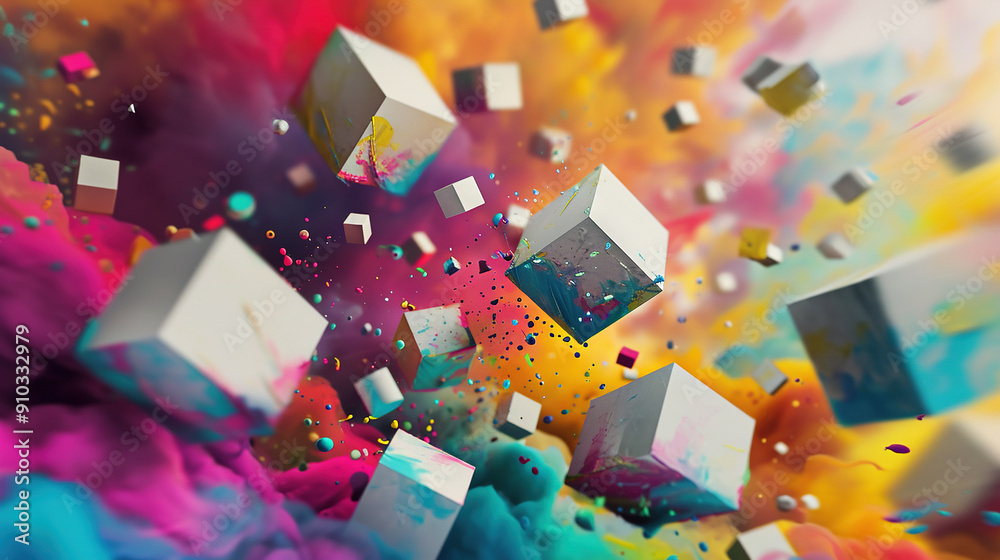 Aufkleber abstract white cubes flying into color burst of paint