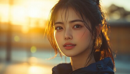 Obraz premium Confident and Beautiful Chinese Woman with Long Hair Smiling at Camera in Warm Airport Terminal Light - Creative Portrait for Advertising and Marketing Concepts, 4K High-Definition Wallpaper