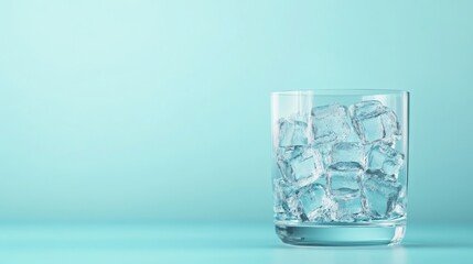 glass full of ice cubes, light blue background, copy and text space, 16:9