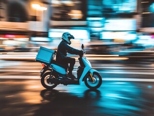 Fototapeta premium Motion blur of delivery rider on scooter speeding through city streets at night