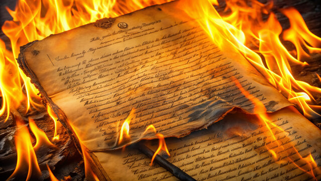American historic document engulfed in vibrant orange flames, edges charred, freedom's foundation crumbling, symbol of liberty and justice disintegrating in intense fiery blaze.
