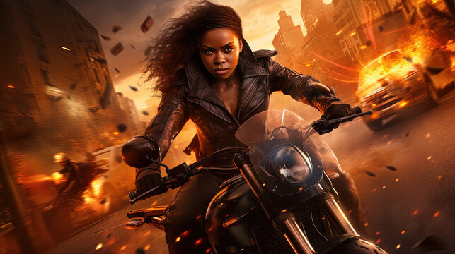 Action shot with black woman on the bike riding away from fire and explosion. Dynamic scene in action movie blockbuster style.