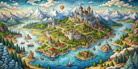 Obraz premium Whimsical hand-drawn fantasy map features medieval-inspired illustrations of a walled city, dense forest, snow-capped mountains, and vast ocean with waves and sea creatures.