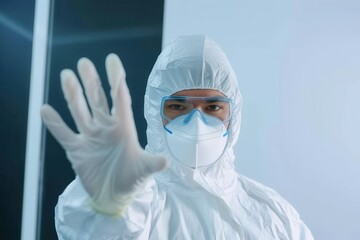 asian male doctor wearing protective suits prepare before entering the quarantine area to develop a new vaccine against coronavirus. new testing for coronavirus (ncov, covid-19) emerges.