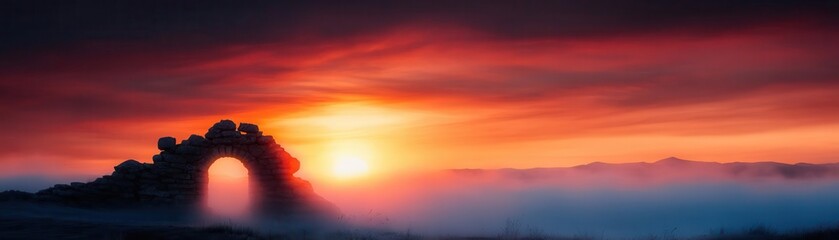 A breathtaking sunset over a rocky arch, casting vibrant colors across the sky and reflecting in the tranquil misty landscape.