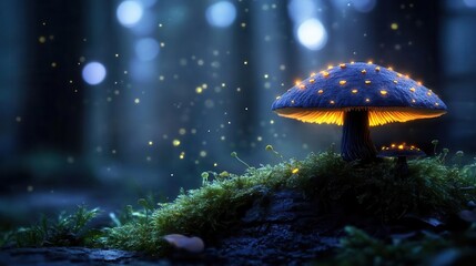A magical forest scene featuring a glowing mushroom surrounded by enchanting fireflies in a mystical atmosphere.
