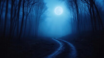 Fototapeta premium A mysterious pathway winds through an eerie blue forest under the glow of a full moon, creating an enchanting atmosphere.