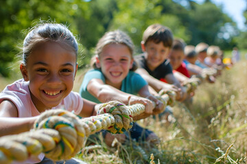 Children playing tug of war game outdoors in summer