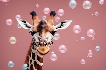 gum giraffe bubble chewing blowing isolated portrait pink bubblegum animal white pretty fashion...