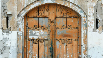 Rustic orange wood door with iron accents, peeling white paint, and a weathered wall, evoking a sense of history and forgotten beauty. 
