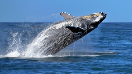 Fototapeta premium Humpback Whale Breaching in Blue Ocean.