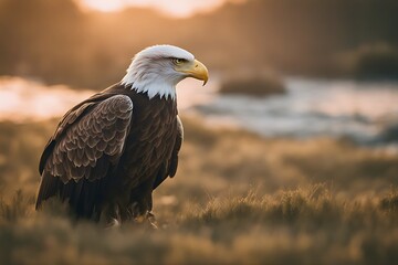 Fototapeta premium eagle sea bird of prey sunset vogel heaven fly horizon three-dimensional nature ocean sun animal environment sunrise see feather orange
