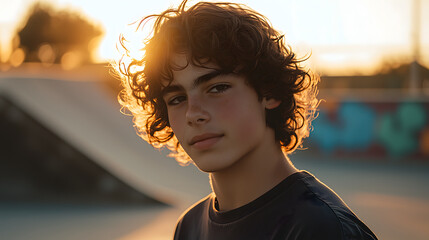 Portrait of curly-haired teenage skater boy with thoughtful expression at skate park
