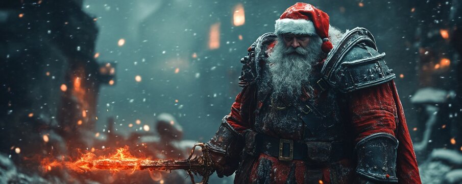 Santa Claus dressed in a dark armored suit holding a fiery sword standing amidst the ruins of the North Pole ready to reclaim Christmas from evil forces