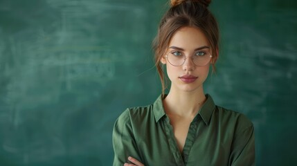 A portrait of a beautiful young female school teacher standing in the classroom on green chalkboard background