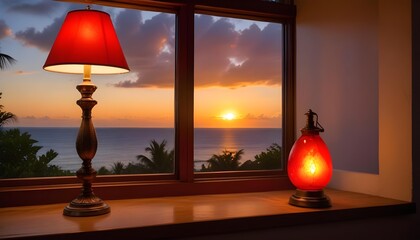 A red lamp on a windowsill with a tropical sunset view outside the window