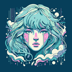 Digital illustration of a serene woman with intricate floral patterns in her hair, cool blue palette, artistic vibe.