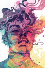 Abstract Digital Art of a Human Face with Vibrant Colors and Surreal Elements