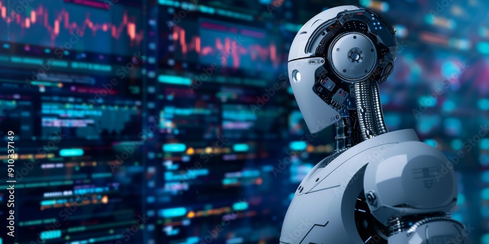 Poster futuristic robot analyzing data on multiple digital screens