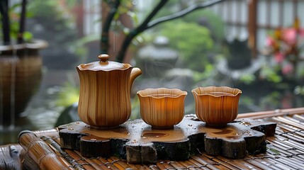 a tea set on a wood stand

