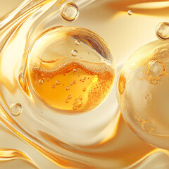 Close-up of golden liquid bubbles in fluid medium, detailed and abstract composition with spherical shapes and luxurious golden hue