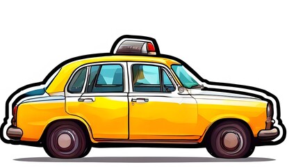 Cartoon taxi cab illustrated on a white background, showcasing vibrant colors and a playful design.