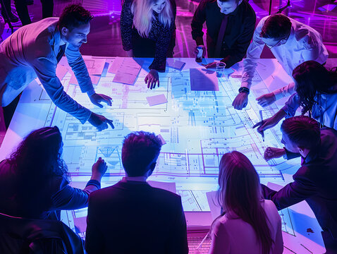 Group of professionals strategizing and planning a massive event with color-coded tables and laptops.