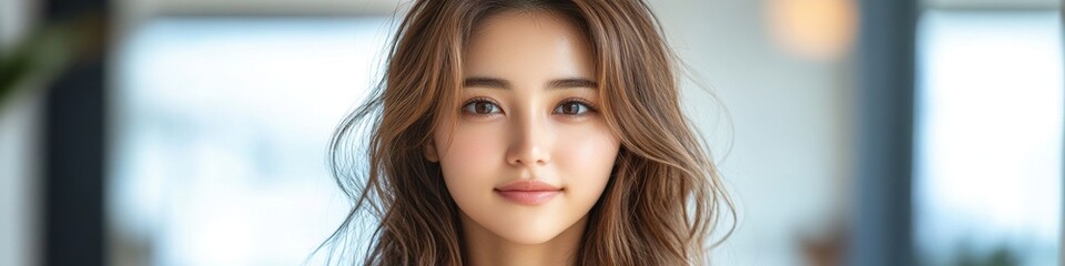 Fototapeta premium Captivating Portrait of Confident Japanese Woman with Wavy Brown Hair Smiling at Camera - Natural Beauty and Friendly Expression for Advertising and Marketing Concepts, 4K High-Definition Wallpaper
