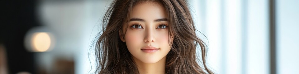 Obraz premium Captivating Portrait of Confident Japanese Woman with Wavy Brown Hair Smiling at Camera - Natural Beauty and Friendly Expression for Advertising and Marketing Concepts, 4K High-Definition Wallpaper